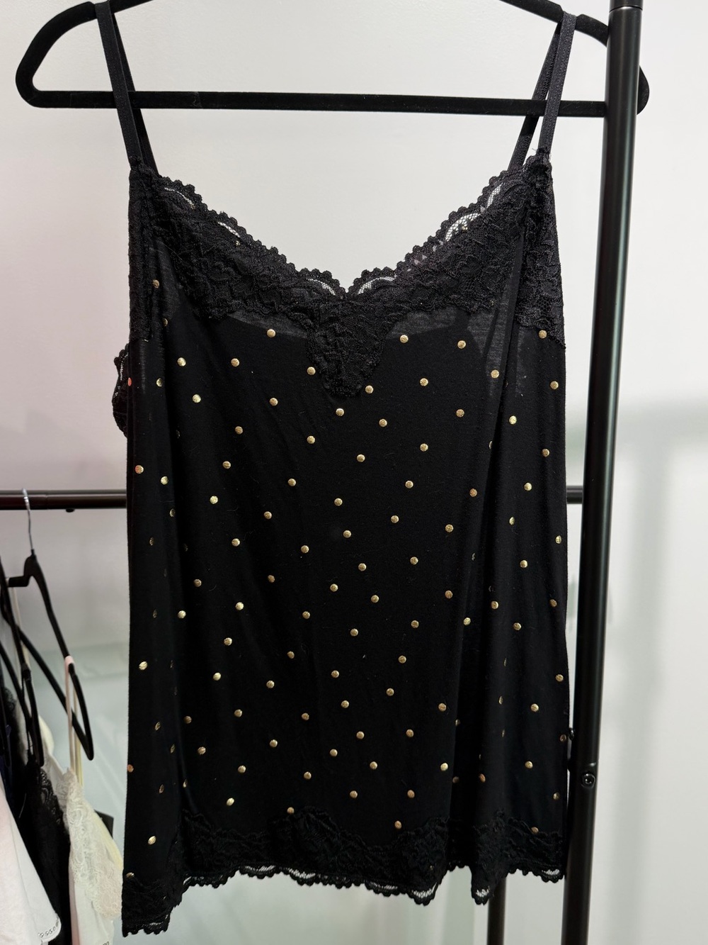 Lane Bryant Black Lace Trim Cami with gold polka dots